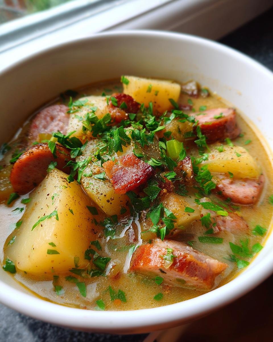 Close-up of a white bowl filled with Dublin Coddle, featuring thick potato chunks, sausage slices, and bacon, topped with fresh parsley.