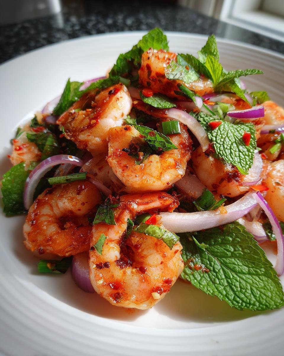 Close-up of succulent shrimp tossed in chili dressing with fresh mint and red onion slices in an Authentic Spicy Thai Shrimp Salad.