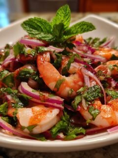 Close-up of Authentic Spicy Thai Shrimp Salad featuring plump shrimp, red onions, cilantro, and a mint garnish.
