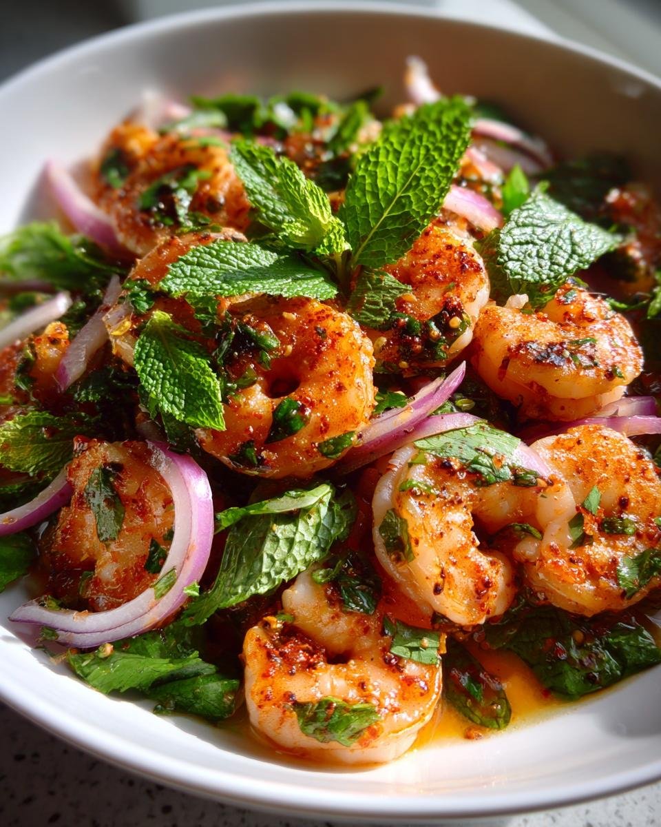 Close-up of plump, seasoned shrimp mixed with fresh mint leaves and red onion slices in an Authentic Spicy Thai Shrimp Salad.