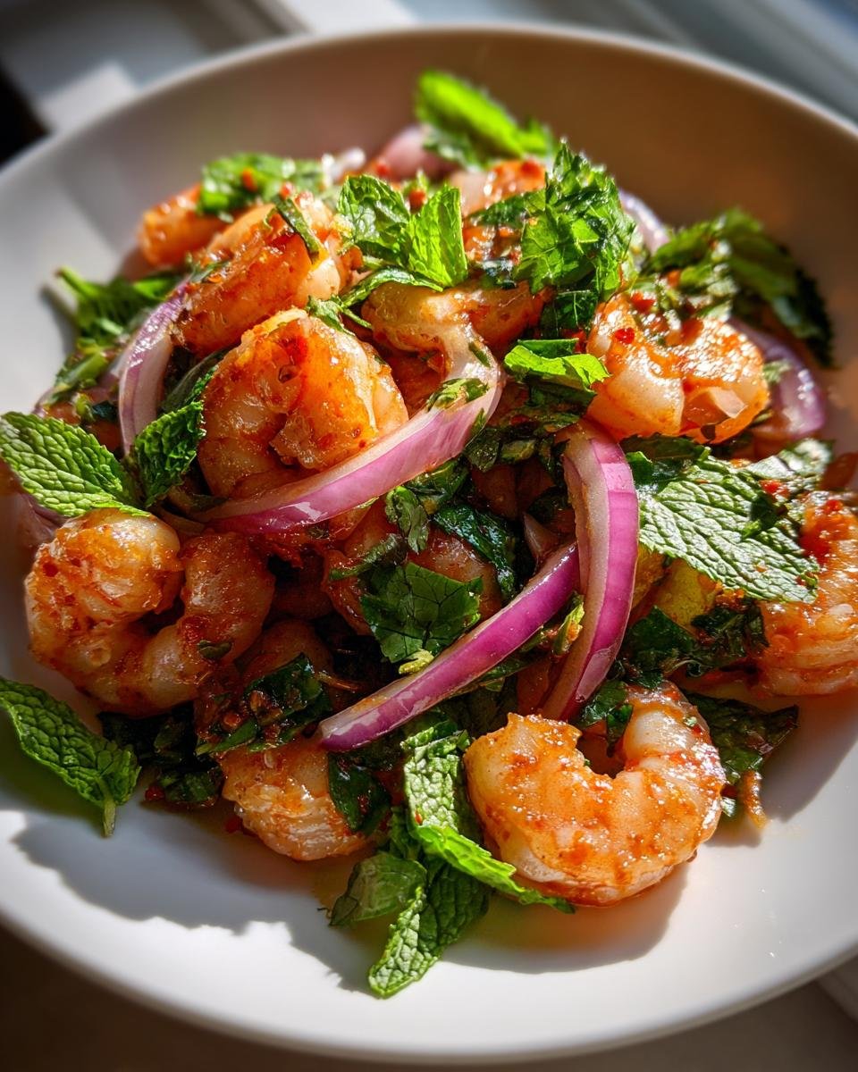 Close-up of Authentic Spicy Thai Shrimp Salad featuring plump shrimp, red onion slices, and fresh mint leaves.