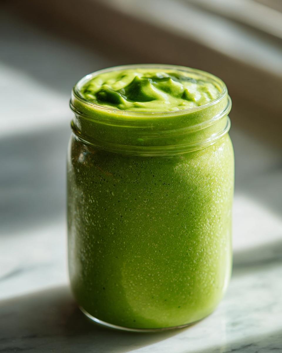 A thick, vibrant green Avocado Cilantro Lime Dressing filling a glass mason jar, ready to serve.