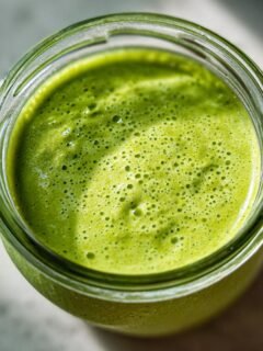 Overhead view of vibrant green Avocado Cilantro Lime Dressing blended and resting in a glass jar.