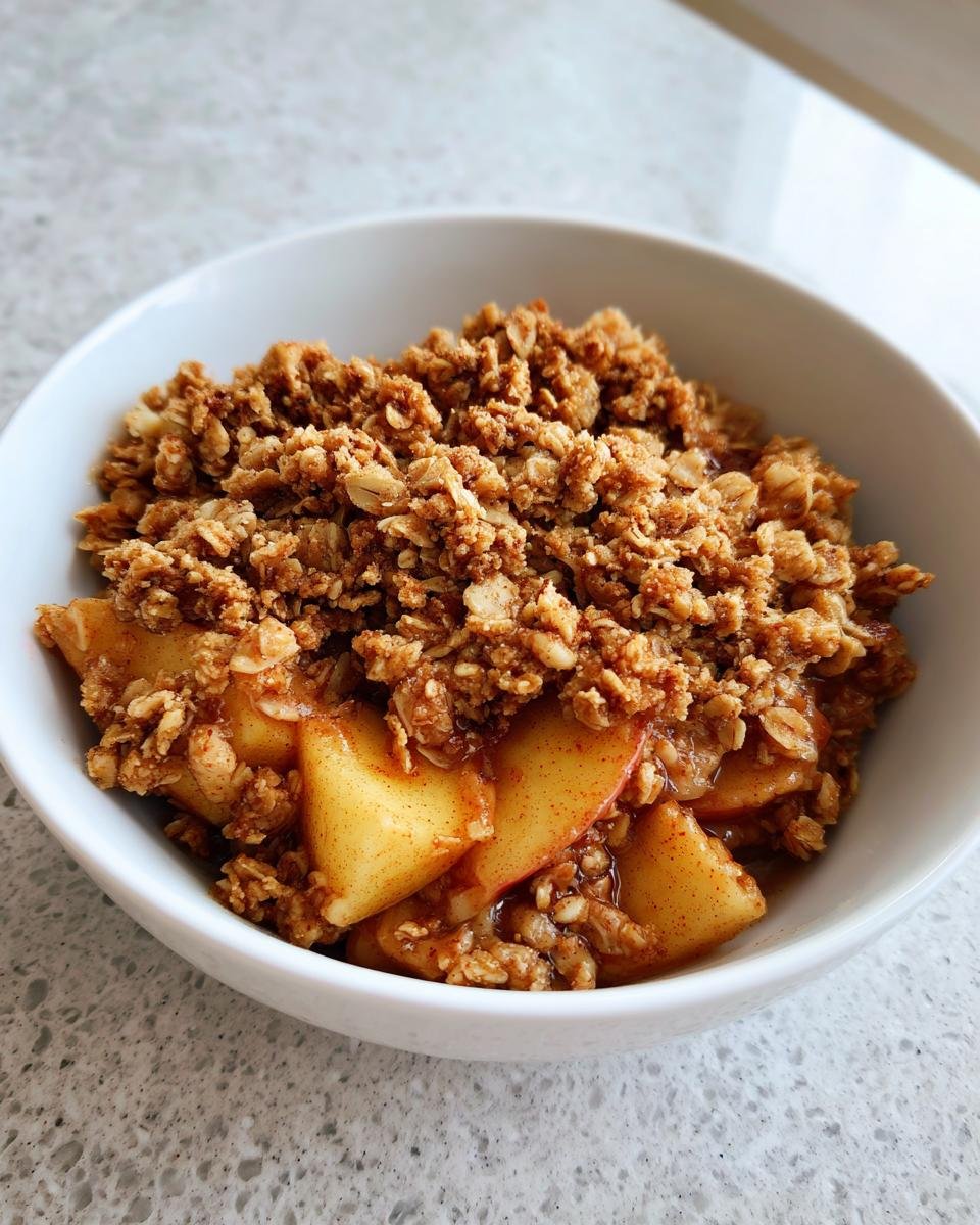 A white bowl filled with warm, spiced apple slices topped generously with a crunchy oat crumble for Baked Apple Crisp.