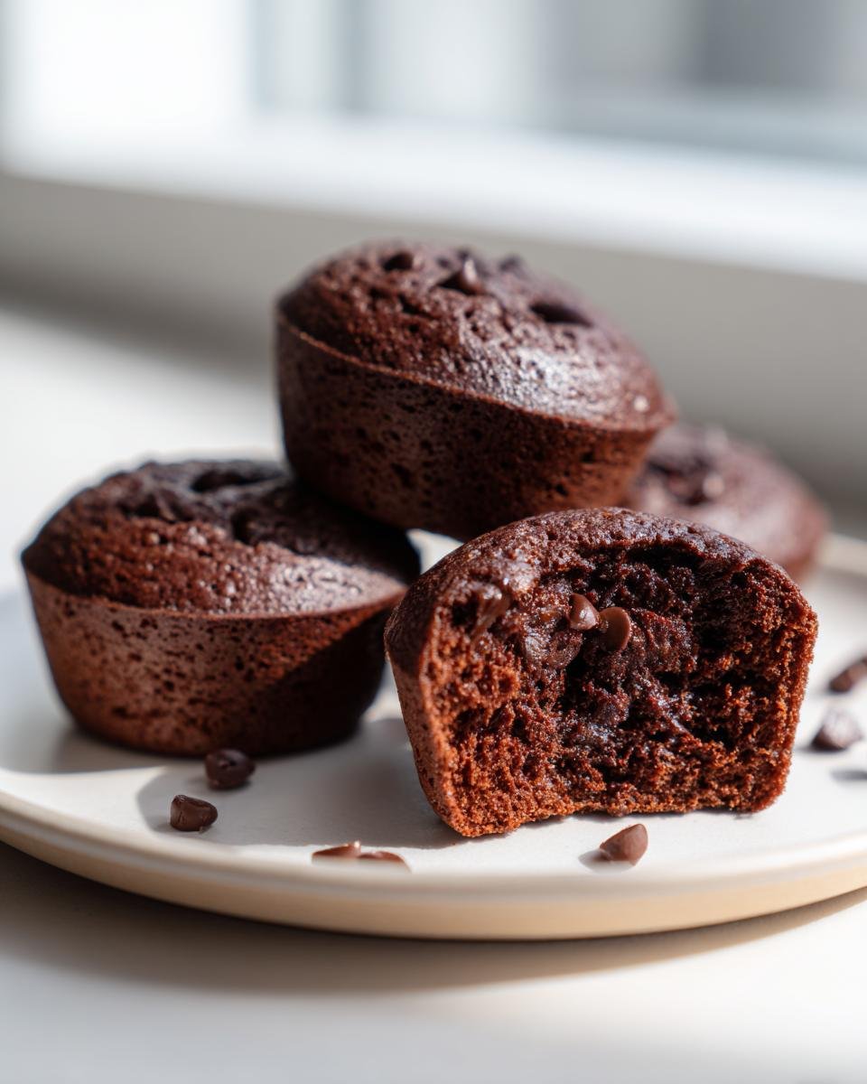 Close-up of moist Baked Chocolate Donuts Grain Free Paleo, one cut in half showing melted chips inside.