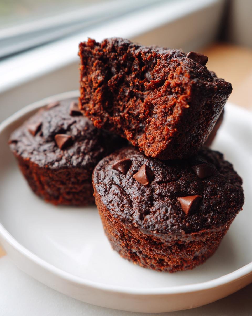 Close-up of three moist Baked Chocolate Donuts Grain Free Paleo stacked on a white plate, one broken open showing the texture.
