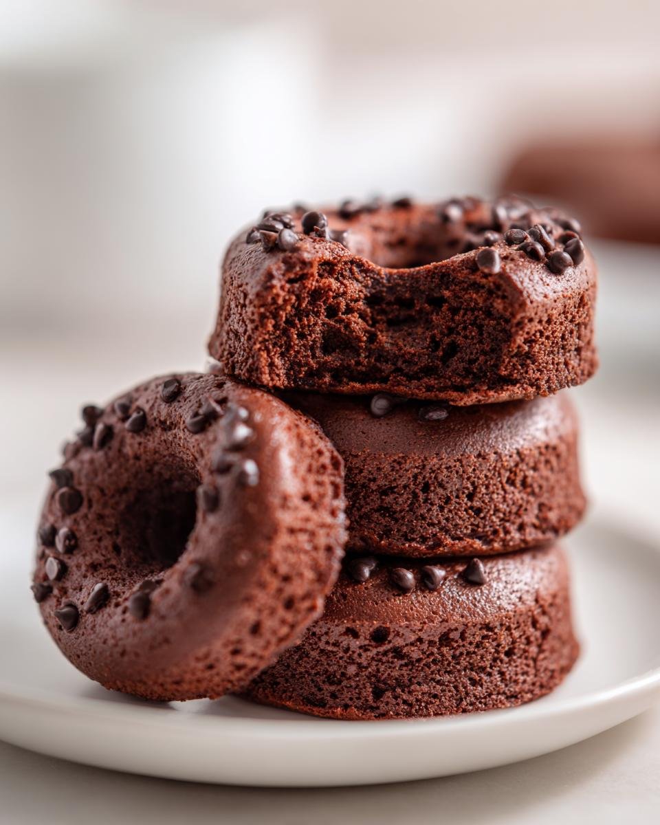 A stack of three moist Baked Chocolate Donuts Grain Free Dairy Free Paleo topped with mini chocolate chips, one has a bite taken out.