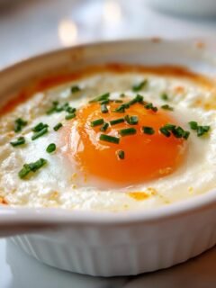 A close-up of Baked Cottage Cheese Eggs, featuring a bright orange yolk over white cottage cheese, topped with fresh chives.