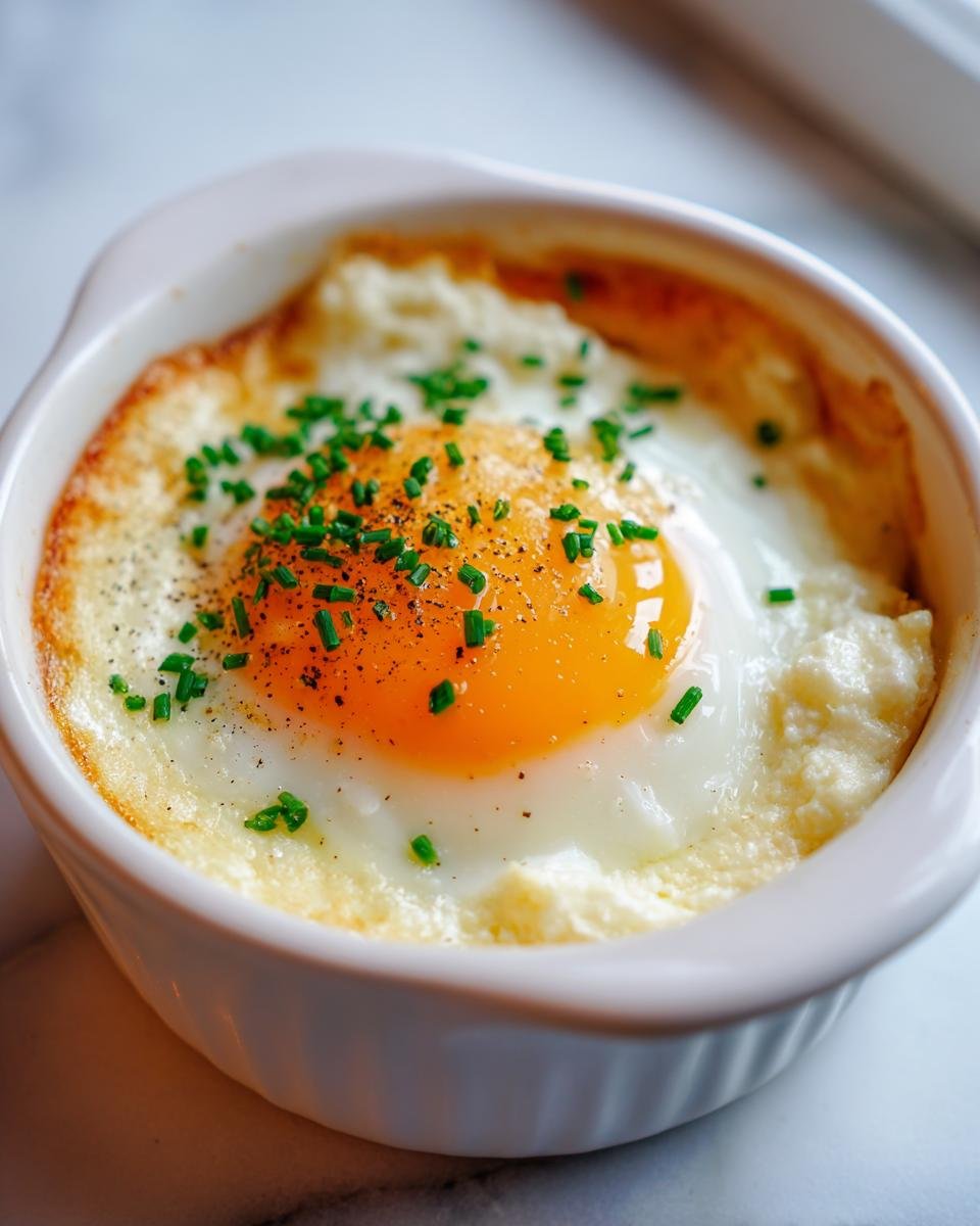 Close-up of a perfectly baked cottage cheese eggs dish topped with a runny yolk, pepper, and fresh chives.