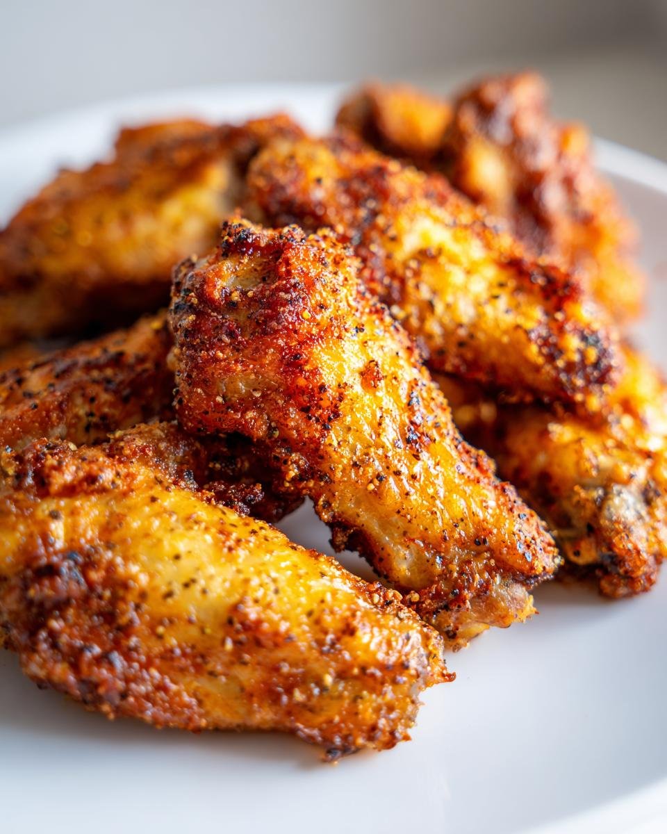 Close-up of crispy, golden brown Baked Lemon Pepper Chicken Wings heavily seasoned with black pepper.