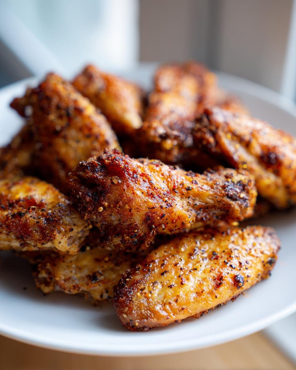Close-up of perfectly crispy Baked Lemon Pepper Chicken Wings piled on a white plate.