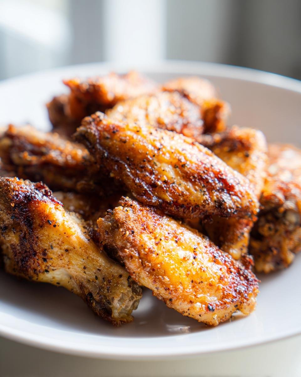 Close-up of crispy, golden brown Baked Lemon Pepper Chicken Wings seasoned with visible black pepper.