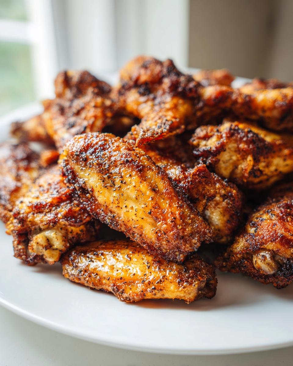 Close-up of a pile of perfectly crispy Baked Lemon Pepper Chicken Wings seasoned with visible black pepper.