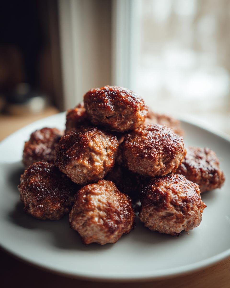 A close-up stack of freshly cooked, golden brown Bison Meatballs resting on a light-colored plate.