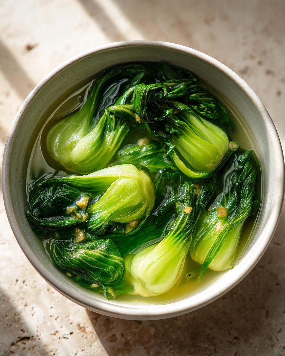 Close-up of vibrant Bok Choy Soup With Garlic And Ginger served in a light-colored bowl.