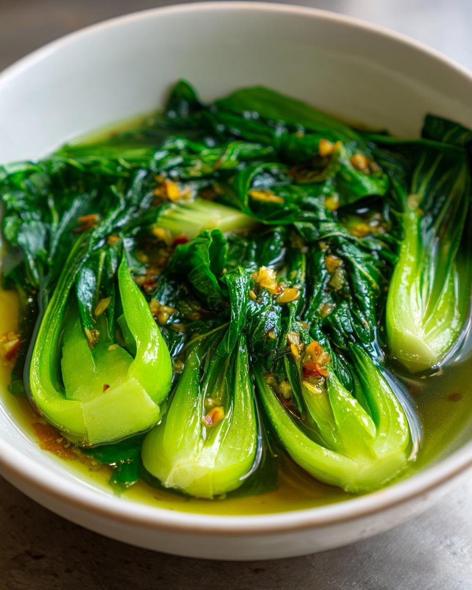 Close-up of vibrant green Bok Choy Soup With Garlic And Ginger served in a white bowl.