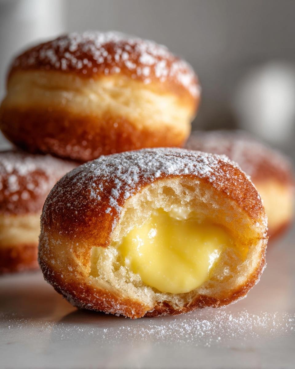 A close-up of a Bomboloni Alla Crema pastry, dusted with powdered sugar, with a bite taken out revealing rich yellow pastry cream filling.