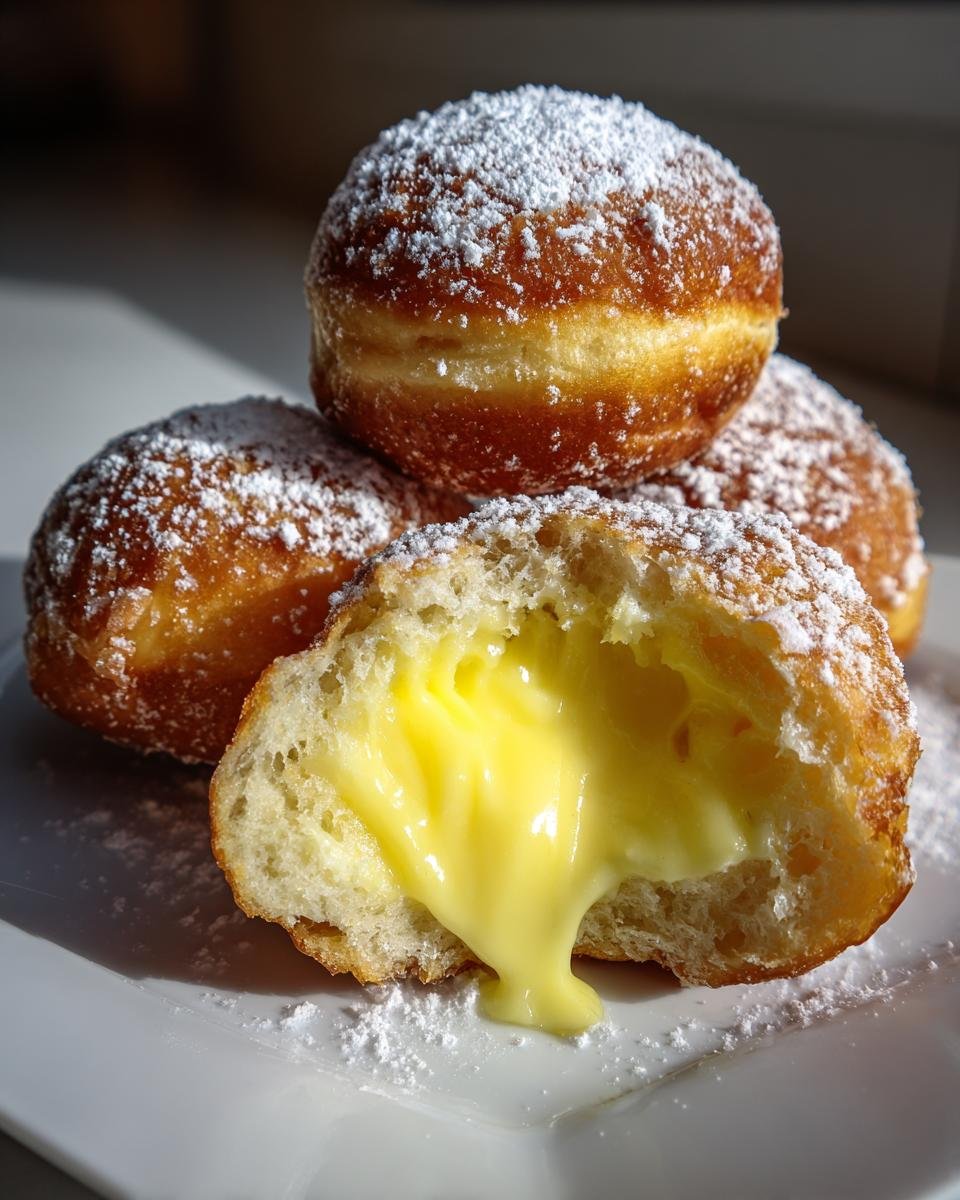 Close-up of Bomboloni Alla Crema dusted with powdered sugar, one cut open showing rich yellow cream filling.
