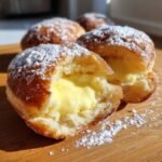 Close-up of a Bomboloni Alla Crema pastry cut in half, revealing rich yellow cream filling and dusted with powdered sugar.