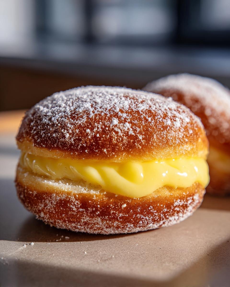A close-up shot of a freshly made Bomboloni Alla Crema, split and generously filled with yellow pastry cream and dusted with powdered sugar.
