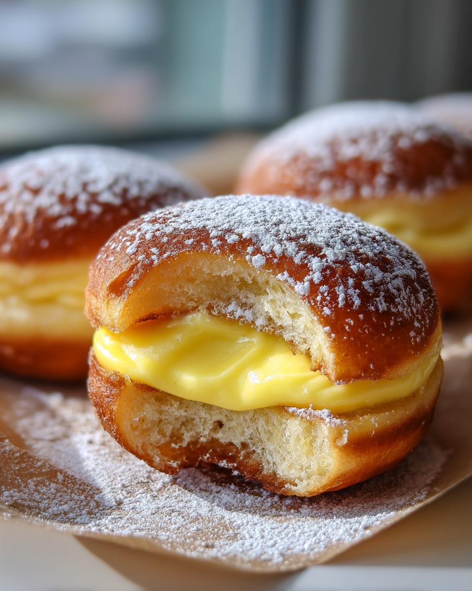 A close-up of a Bomboloni Alla Crema pastry, dusted with powdered sugar, with a bite revealing the rich yellow cream filling.