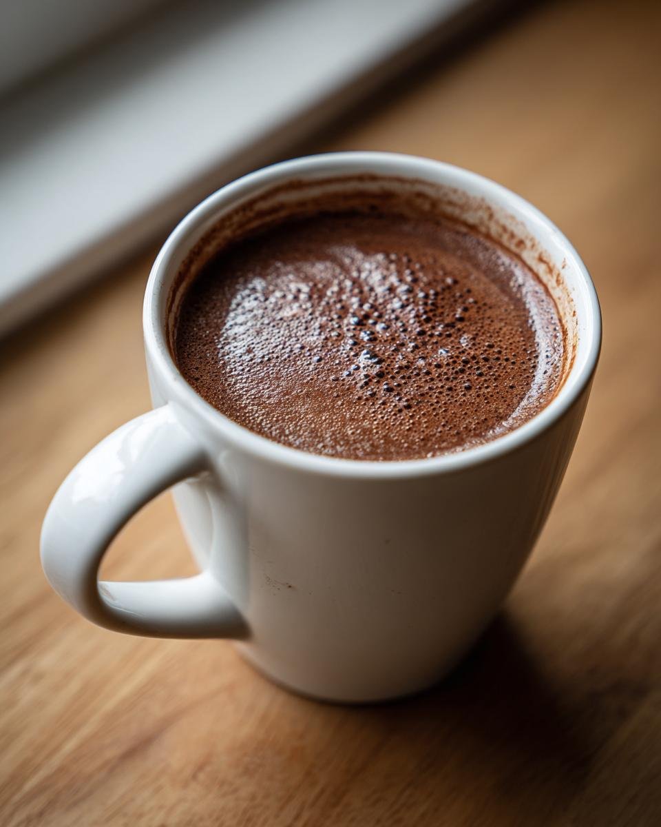 Close-up of rich, dark Bone Broth Hot Chocolate with foam in a white mug on a wooden surface.