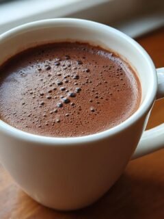 A close-up of rich, dark Bone Broth Hot Chocolate with small bubbles on top, served in a white mug.