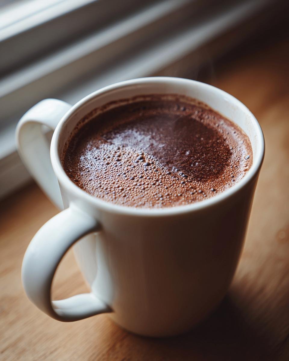 Close-up of a steaming mug of rich, dark Bone Broth Hot Chocolate resting on a wooden surface.