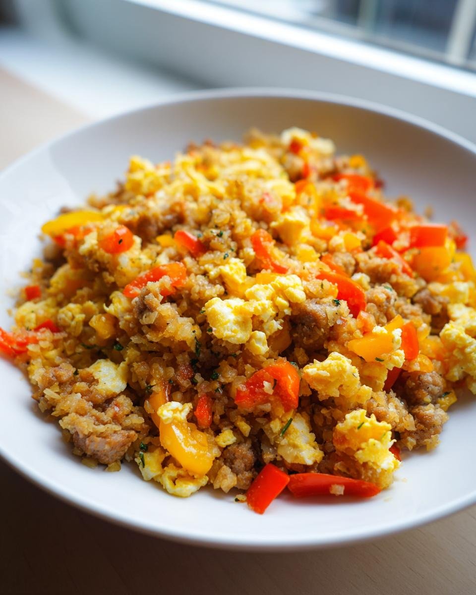 A white bowl filled with vibrant Breakfast Fried Rice Paleo Whole30 featuring scrambled eggs, sausage, and colorful bell peppers.