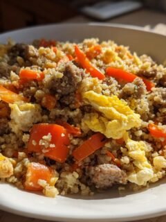 Close-up of a bowl filled with Breakfast Fried Rice Paleo Whole30, featuring cauliflower rice, sausage, scrambled eggs, and orange bell peppers.