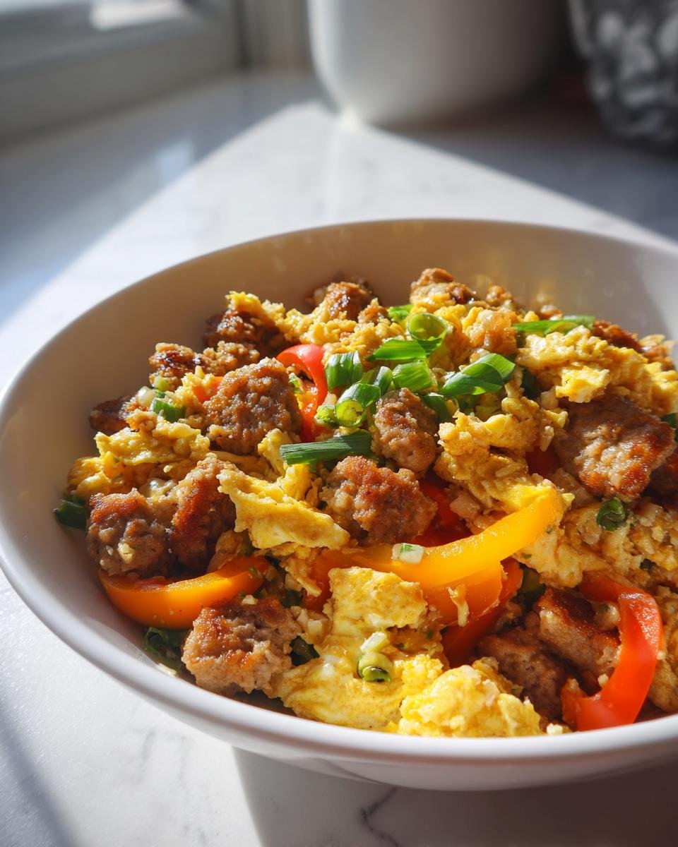 A close-up of a white bowl filled with Breakfast Fried Rice Paleo Whole30, featuring scrambled eggs, sausage crumbles, and sliced bell peppers.