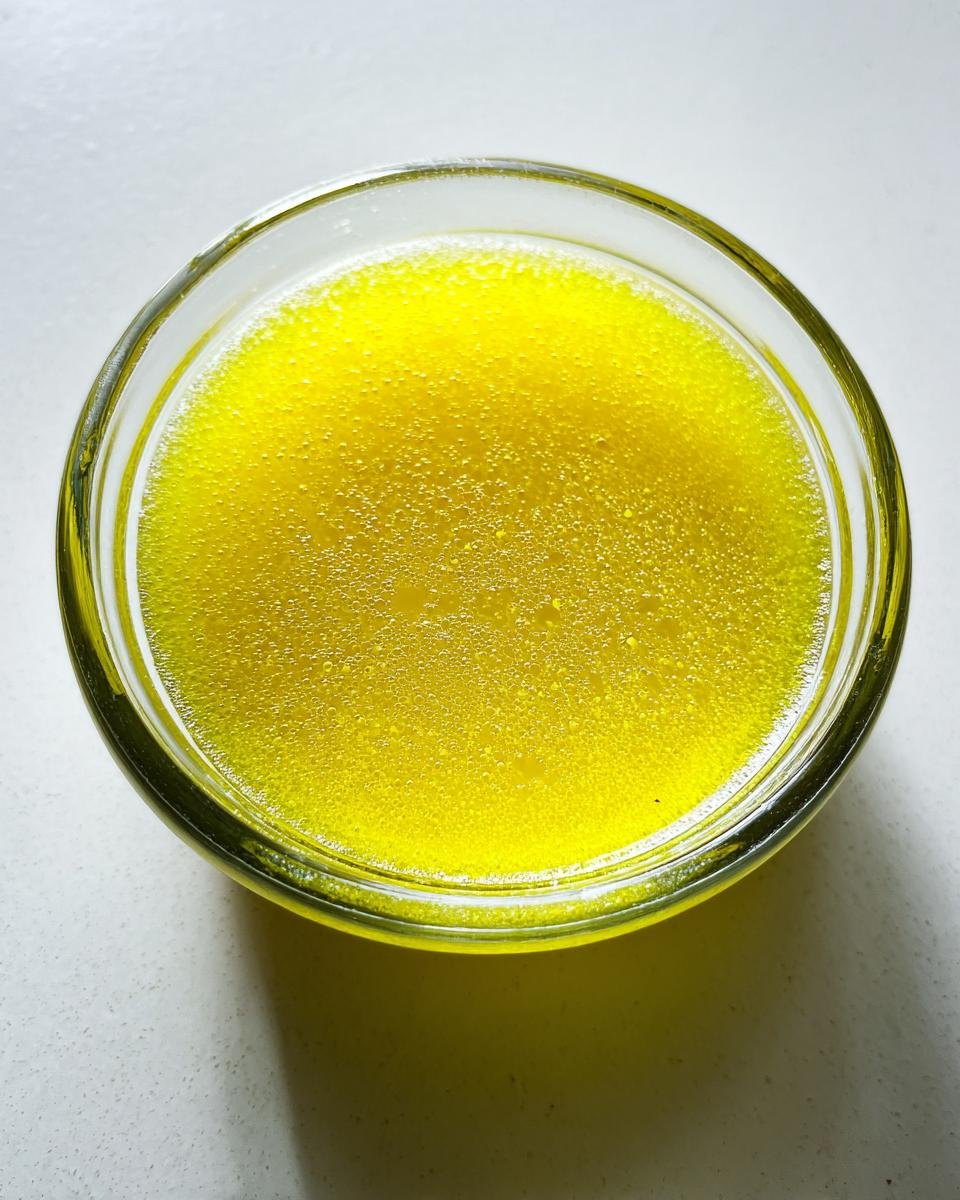 Close-up of bright yellow Honey Lime Dressing mixture with small bubbles in a clear glass bowl.