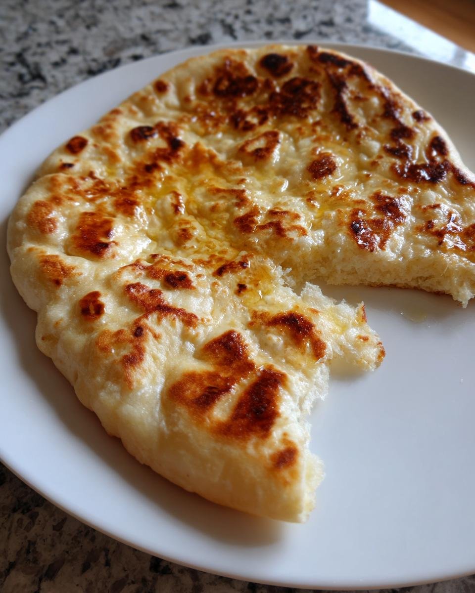 A piece of freshly cooked, buttery Gluten Free Naan Bread with charred spots, resting on a white plate.