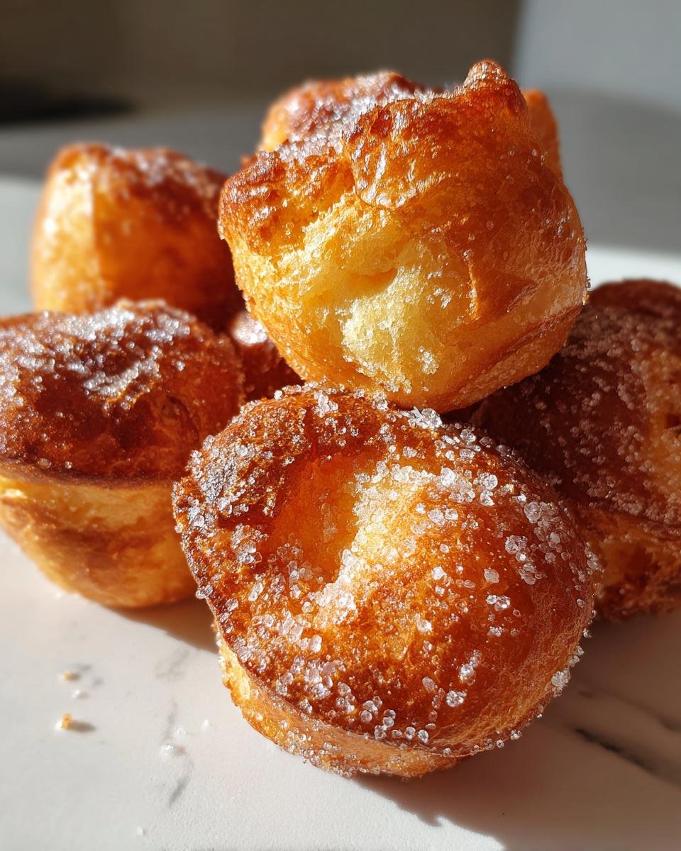 Close-up of several golden-brown Cavacas Portuguese Popovers dusted heavily with coarse sugar crystals.