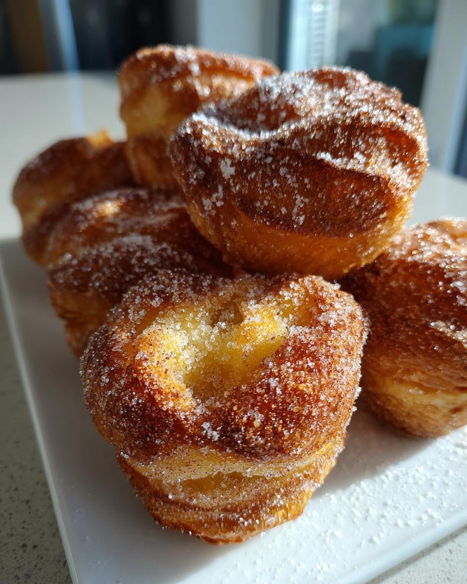 A stack of freshly baked Cavacas Portuguese Popovers dusted generously with sparkling sugar.