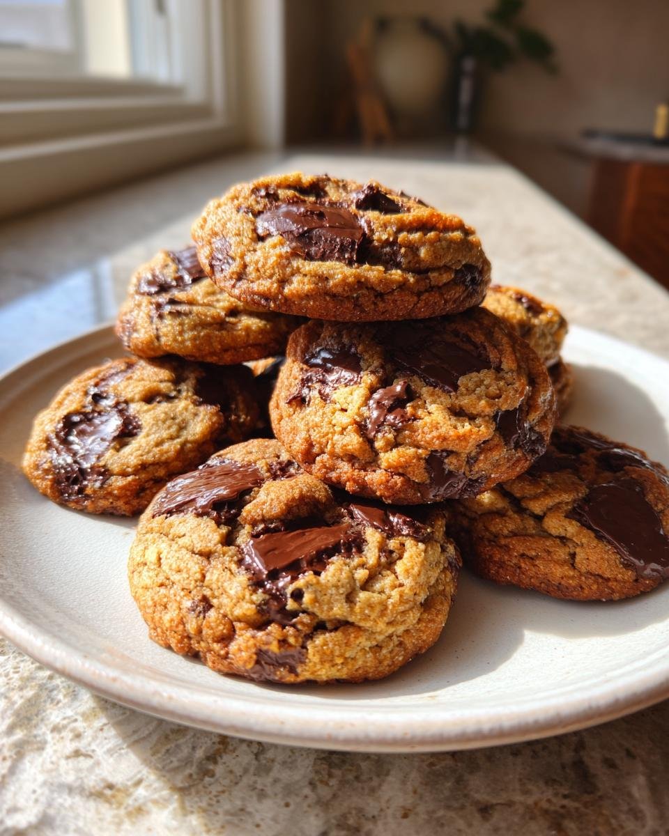 A stack of freshly baked, chewy Paleo Chocolate Chip Cookies piled high on a light-colored plate.