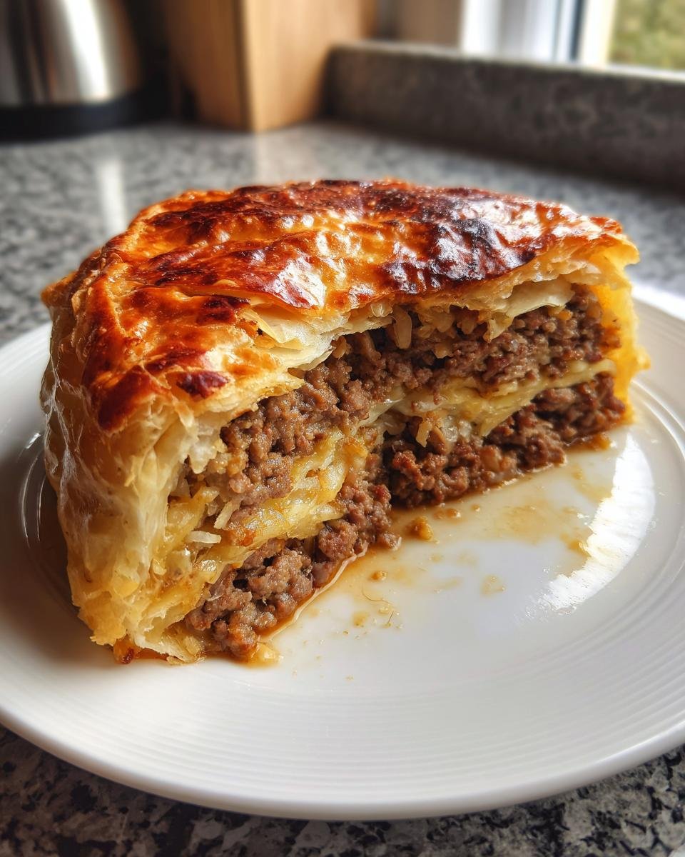 A close-up of a slice revealing the layers inside The Best Chinese Crispy Meat Beef Pies, showing flaky pastry and savory ground beef filling.