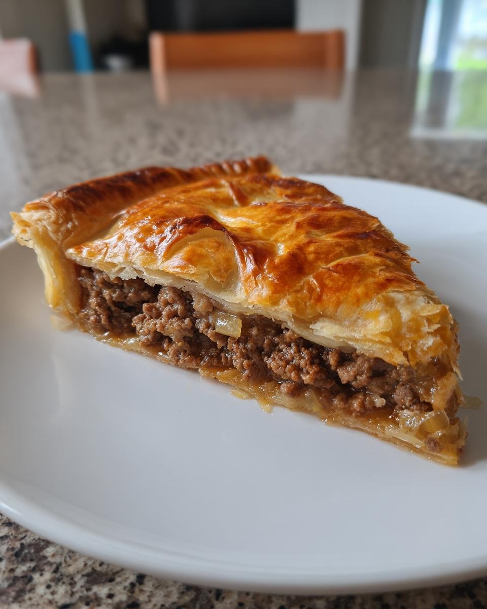 A close-up of a slice of The Best Chinese Crispy Meat Beef Pies showing rich, savory filling and golden, flaky pastry.
