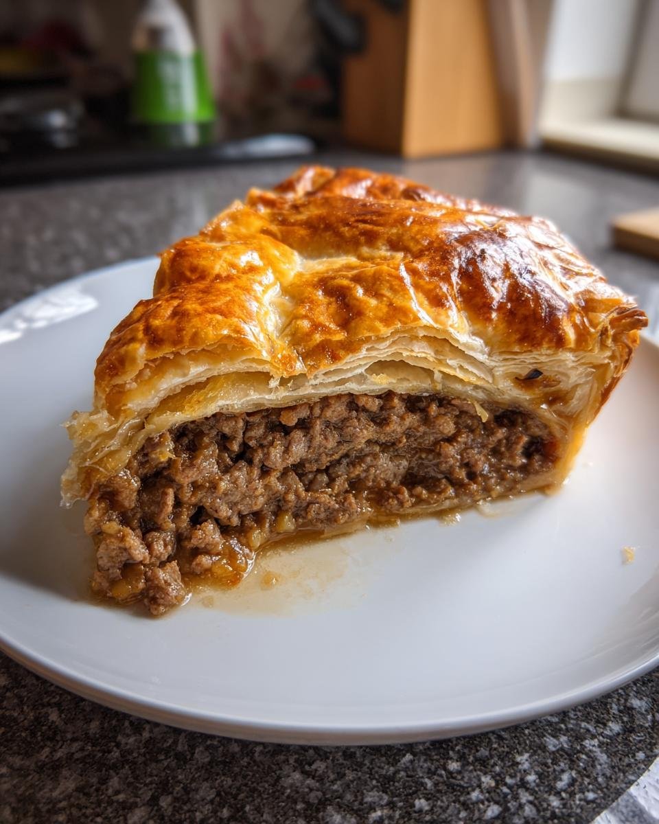 A close-up of a slice of Chinese Crispy Meat Beef Pies showing flaky pastry and savory ground beef filling.
