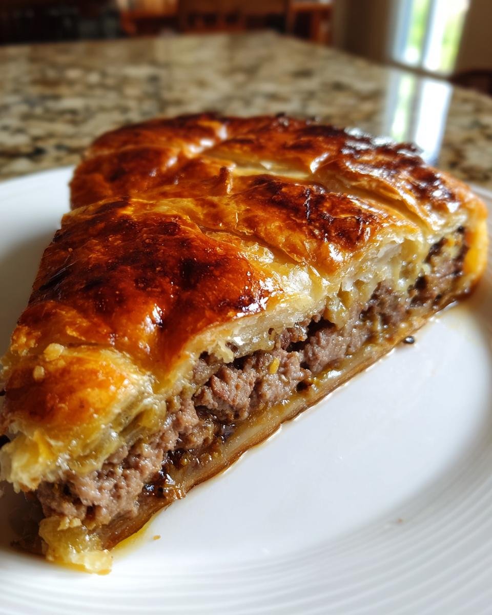 A close-up of a slice of The Best Chinese Crispy Meat Beef Pies showing the rich, savory filling and golden, flaky pastry.