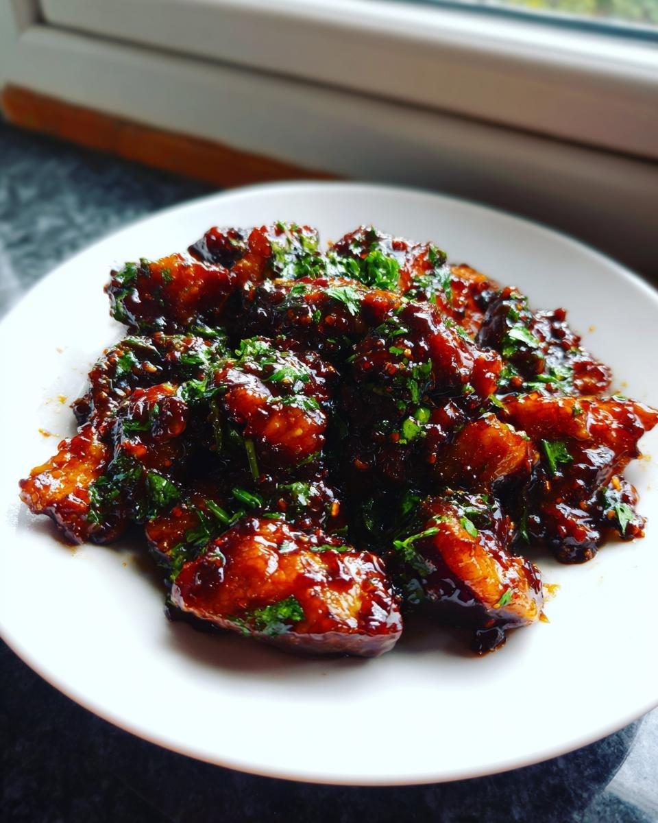 Close-up of glossy, saucy Chinese eggplant with garlic sauce pieces garnished with fresh green herbs on a white plate.