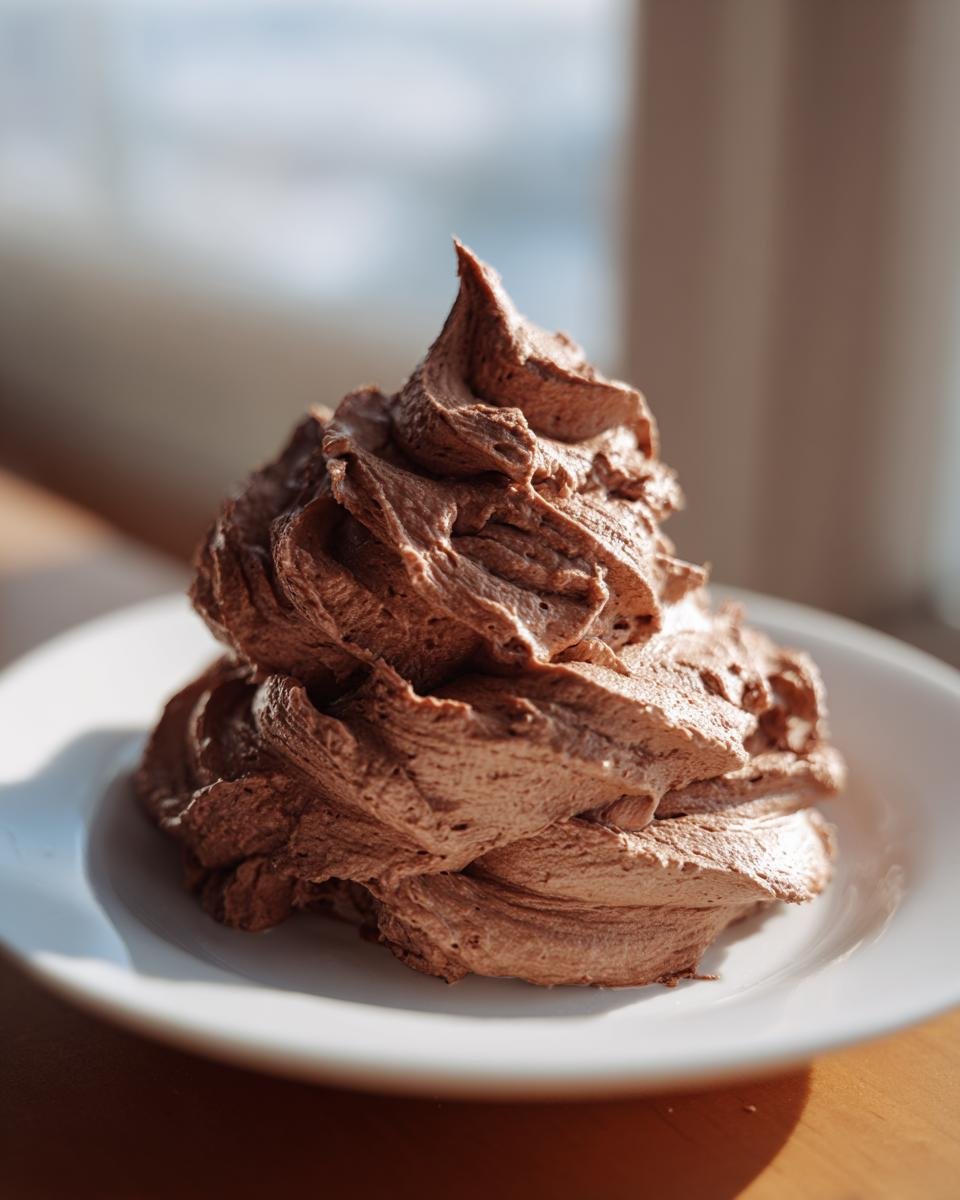 A beautiful, stiff swirl of rich Chocolate Coconut Whipped Cream served on a small white plate.