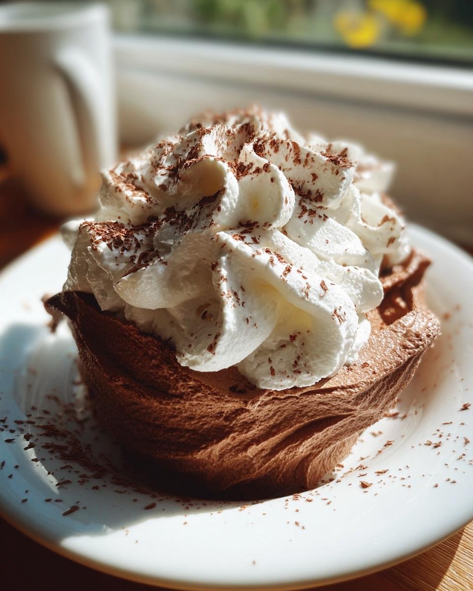 Rich chocolate dessert topped with fluffy white Chocolate Coconut Whipped Cream and chocolate shavings.