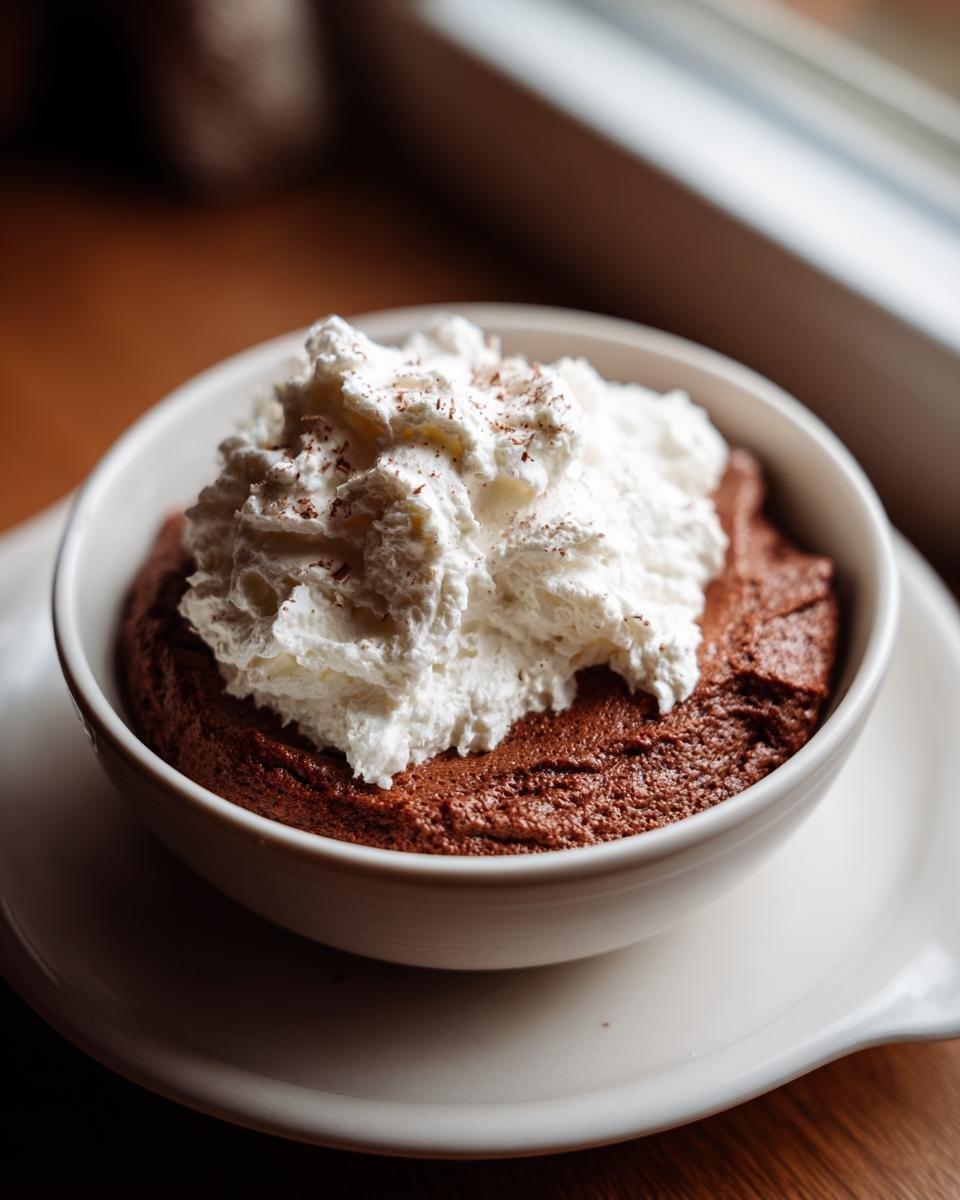 A rich chocolate dessert topped with fluffy white Chocolate Coconut Whipped Cream in a white bowl.