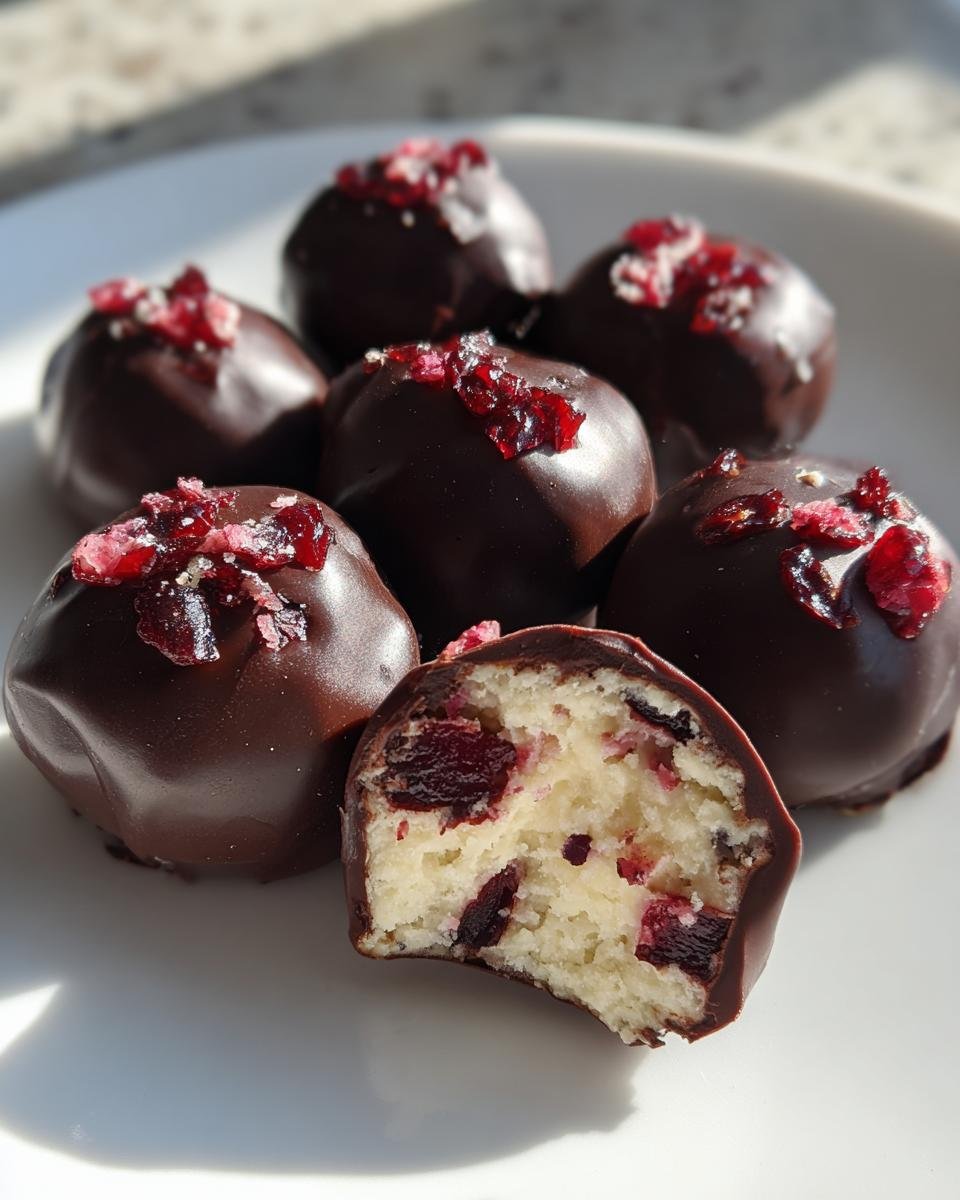 A plate of Chocolate Covered Cherry Dessert Balls, one is bitten to show the creamy interior with dried cherries.