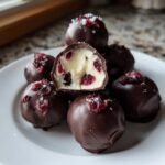 A plate of Chocolate Covered Cherry Dessert Balls, one cut in half showing the creamy interior with dried cherries.