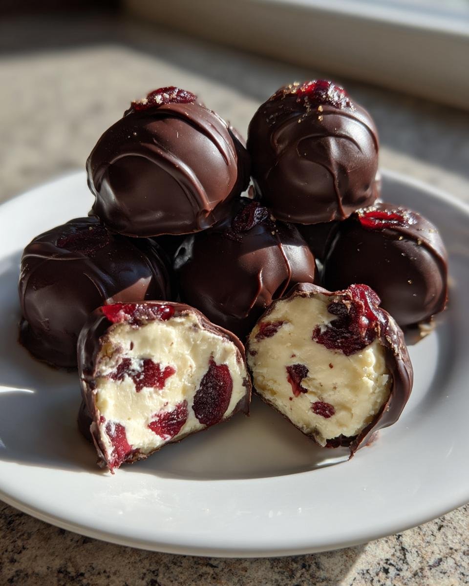 A stack of rich, dark chocolate covered cherry dessert balls, one cut open showing the creamy filling with dried cherries.