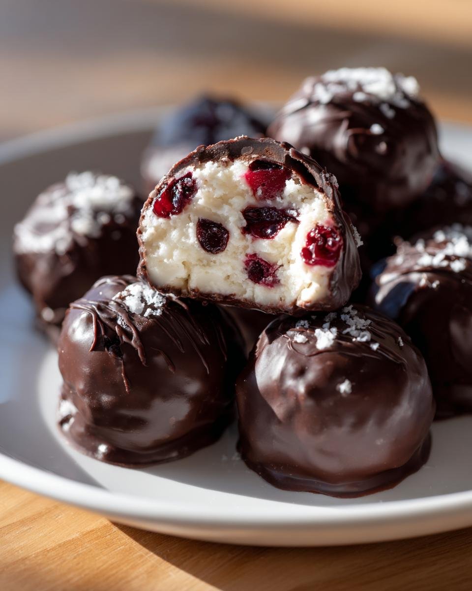 A stack of Chocolate Covered Cherry Dessert Balls, one cut in half showing the creamy white filling with dried cherries inside.