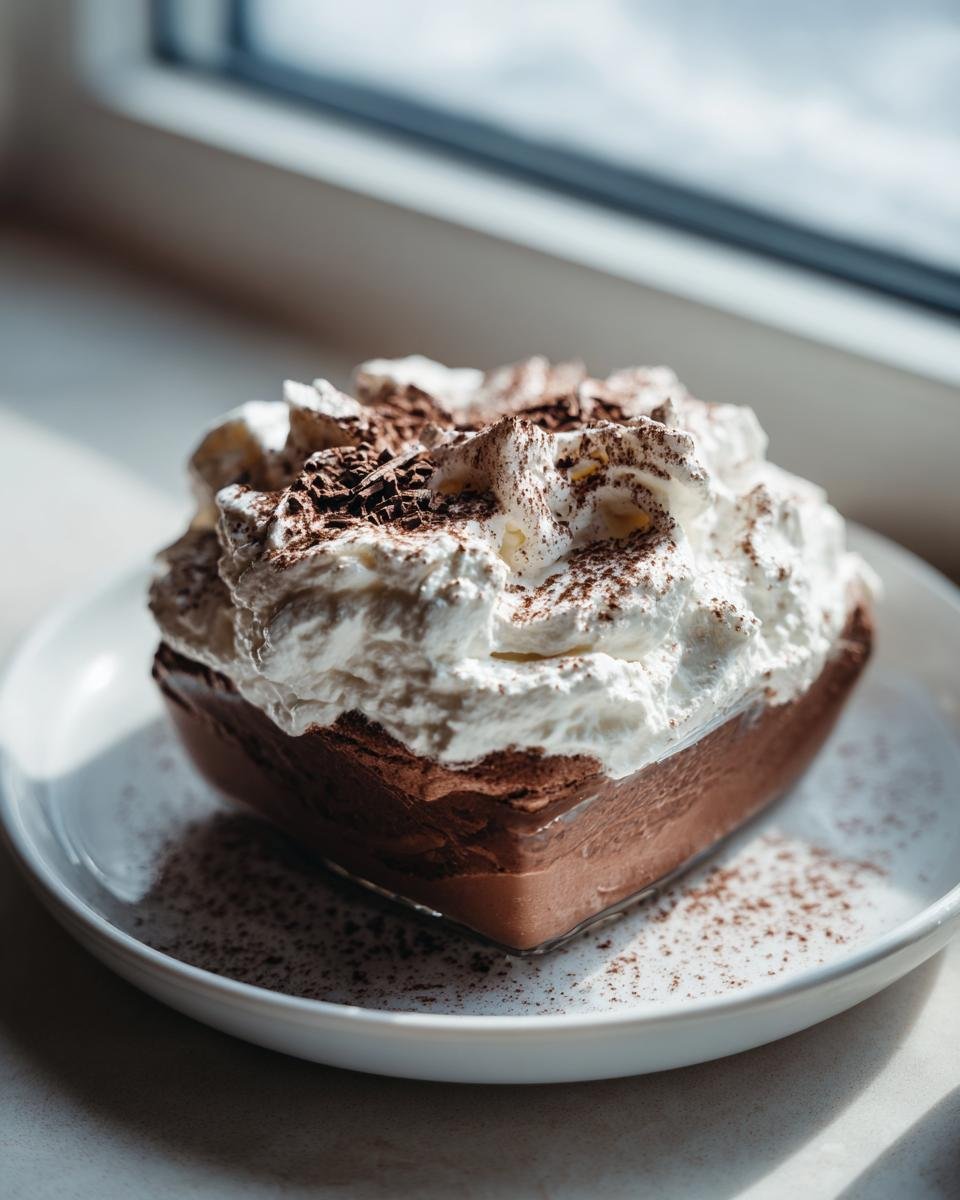 A rich chocolate dessert topped generously with fluffy Chocolate Coconut Whipped Cream and chocolate shavings.