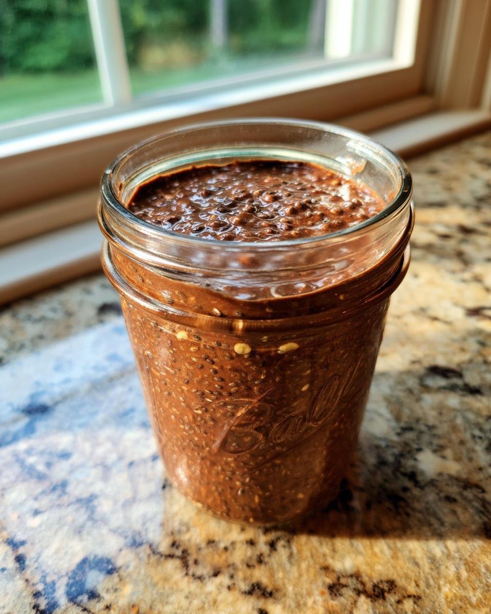 A close-up of Chocolate Protein Overnight Oats prepared in a glass jar, sitting on a granite countertop near a window.